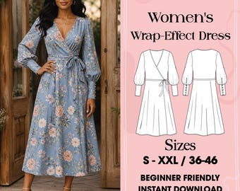 Patrón de costura para vestido midi con efecto cruzado, vestido de manga larga con cinturón (descarga en PDF)