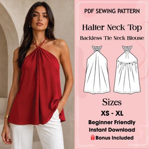 Könnte beinhalten: Ein PDF-Schnittmuster für ein Neckholder-Top und eine rückenfreie Bluse zum Binden. Das Bild zeigt ein rotes ärmelloses Oberteil mit Nackenband, technische Strichzeichnungen des Kleidungsstücks, die Größen XS-XL und einen Sofort-Download-Hinweis.
