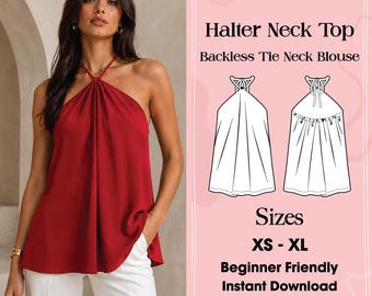Patrón de costura PDF para top halter, patrón de costura para top sin espalda, blusa halter con lazo en la espalda, top de verano estilo Y2K (descarga instantánea)