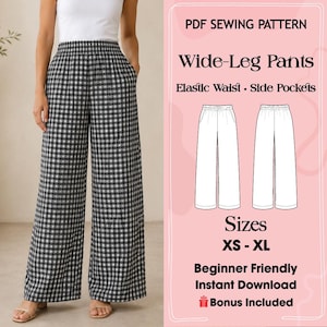 Op de afbeelding: Zwart-wit geruite broek met wijde pijpen, elastische taille en zijzakken. De broek wordt door een persoon gedragen. De afbeelding bevat ook een PDF-naaipatroon voor broeken met wijde pijpen, maten XS-XL, en de tekst "Beginner Friendly, Instant Download, Bonus Included."