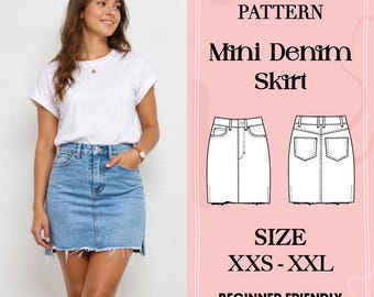 Patrón de costura para minifalda vaquera, estilo Y2K de talle alto, ideal para el verano (descarga en PDF)