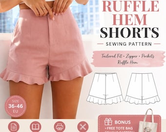Patrón de costura para shorts con volantes en el bajo, de talle alto y corte entallado para mujer (descarga en PDF)