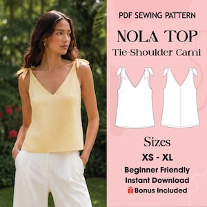 Puede incluir: Un patrón de costura en PDF para el Nola Top, una camisola con lazos en los hombros. La imagen muestra una blusa sin mangas de color amarillo claro con lazos en los hombros, junto a un dibujo técnico de las vistas frontal y trasera, tallas XS a XL.