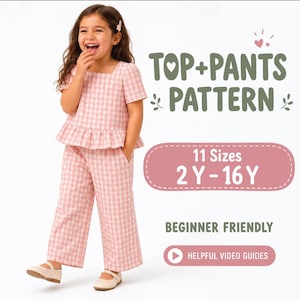 Patrón de costura para niñas en PDF, patrón de top y pantalón para niños, patrón de pantalones de pierna ancha, patrón de top con volantes, conjunto para principiantes.