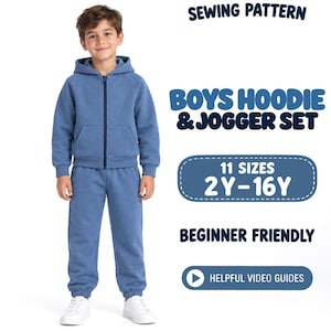 May include: A sewing pattern for a hoodie and jogger set in blue. Text reads: SEWING PATTERN, BOYS HOODIE & JOGGER SET, 11 SIZES 2 Y-16Y, BEGINNER FRIENDLY, HELPFUL VIDEO GUIDES. The set includes a zip-up hooded sweatshirt and matching sweatpants.