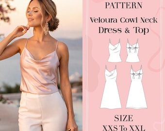 Patrón de costura para vestido lencero con cuello drapeado Veloura, vestido largo de noche cortado al bies (descarga en PDF)