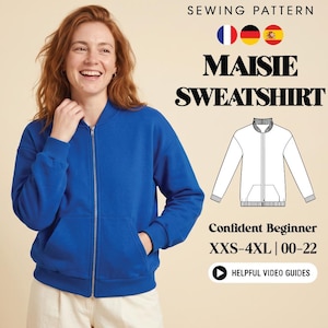 Puede incluir: Un patrón de costura para la sudadera Maisie, que muestra una chaqueta azul con cremallera, puños y dobladillo acanalados, una ilustración de la prenda y texto que indica las tallas XXS-4XL y 00-22 para nivel principiante.
