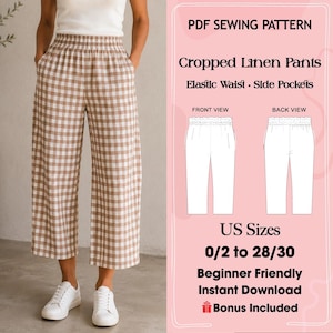 May include: A person wearing brown and white checkered cropped linen pants with an elastic waist and side pockets. The pants are paired with white sneakers. The image also includes a PDF sewing pattern with instructions for making the pants.