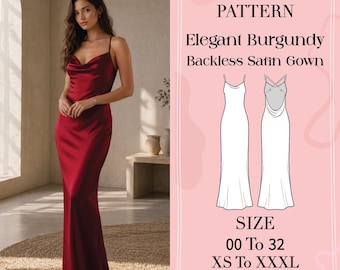 Patrón de costura para vestido largo de satén sin espalda, vestido lencero con cuello drapeado (descarga en PDF)