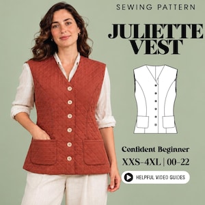 May include: A sewing pattern for the Juliette Vest, featuring a quilted, rust-colored button-down vest with two front pockets. The graphic includes a line drawing of the vest, the text SEWING PATTERN JULIETTE VEST, sizes XXS-4XL, and 00-22.
