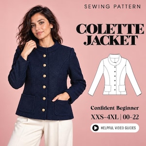 May include: A navy blue textured jacket with a round neckline, long sleeves, and gold-toned buttons. The text reads SEWING PATTERN COLETTE JACKET, Confident Beginner, XXS-4XL | 00-22, and HELPFUL VIDEO GUIDES. Includes a black and white line drawing.