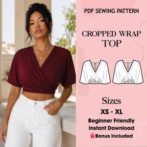 Wrap Top Pattern PDF, Crop Top Sewing Pattern, V Neck Wrap Blouse, Tie Back Top Pattern, Beginner Sewing Pattern (PDF Download)