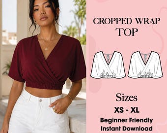 Patrón de top cruzado en PDF, patrón de costura para top corto, blusa cruzada con cuello en V, patrón de top con lazo en la espalda, patrón de costura para principiantes (descarga en PDF)