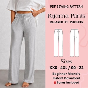 Peut inclure: Un patron de couture PDF pour pantalon de pyjama à coupe décontractée avec poches. L'image montre un pantalon de détente gris clair avec une taille à cordon et inclut des dessins techniques de face et de dos, ainsi que les tailles XXS-4XL.