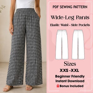 Wide Leg Pants Sewing Pattern | Gingham Pull-On Pants with Pockets (PDF Download)