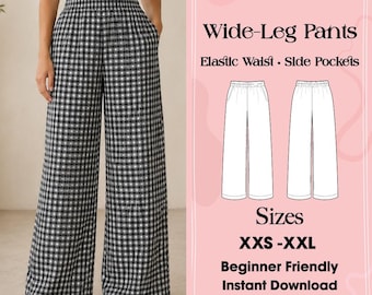 Patrón de costura para pantalones de pierna ancha / Pantalones de cuadros vichy con bolsillos (Descarga en PDF)