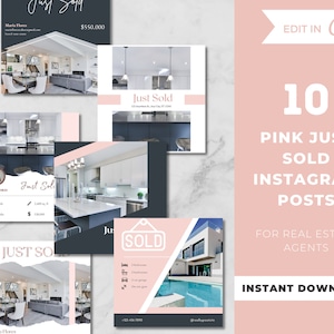 10 Pink Real Estate Instagram Posts, Real Estate Marketing, Real Estate Facebook Posts, Just Sold Realtor Posts, Branding - Canva Template
