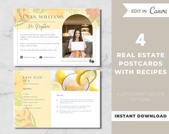 Real Estate Postcard Template with Recipe, Summer Postcards, Real Estate Marketing, Realtor Farming Postcards - Editable Canva Template