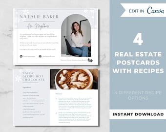 Real Estate Postcard Template with Recipe, Winter Postcards, Real Estate Marketing, Realtor Farming Postcards - Editable Canva Template
