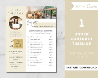 May include: A beige and brown printable checklist for real estate agents. The checklist is titled "Under Contract Timeline" and includes dates for various steps in the home buying process, such as fully executed contract, escrow deposit date, and closing date. The checklist also includes a section for purchase price and escrow deposit.