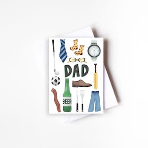 A6 All Things Dad Fathers Day Card, Dads Favorite Things Card, Sport Related Card for Dad, Beer Fathers Day Card, Illustrated Father Card