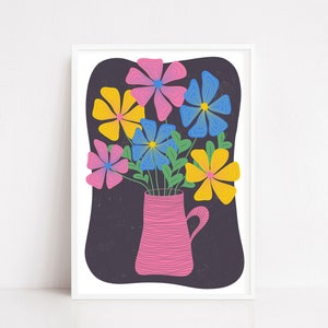 A4/A3 Pink Funky Floral 70er Retro Druck, Bunt, Schrullig, Illustrierte Wohndekoration, A5 Postkarte, A4, A3 Poster, Groovy Flower Wall Art