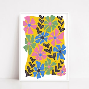 A4/A3 Gelb Funky Floral 70er Retro Druck, Bunt, Schrullig, Illustrierte Wohndekoration, A5 Postkarte, A4, A3 Poster, Groovy Flower Wall Art