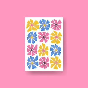 A6 mini impressões funky positivas de cartão postal, mini impressões retrô coloridas florais dos anos 70, arte de parede de afirmações positivas de flores, cartão postal positivo
