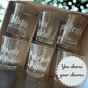 Può includere: Sei bicchieri da shot in vetro trasparente con varie frasi a tema Harry Potter incise su di essi. Le frasi includono "Obliviate", "Felix Felicis", "Impertentia", "Draught of Peace", "Polyjuice Potion", e "You choose your charms".