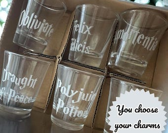 May include: Six clear glass shot glasses with various Harry Potter themed phrases etched on them. The phrases include "Obliviate", "Felix Felicis", "Impertentia", "Draught of Peace", "Polyjuice Potion", and "You choose your charms".