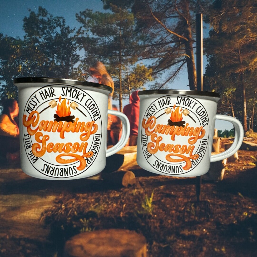 Emaille campingmok 12oz - kampeerseizoen - set van 2