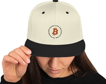 May include: A beige and black baseball cap with a black embroidered circle featuring a bitcoin symbol and the text "The Time To Ponder, 2023 Chancellor on brink of record bailout".