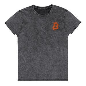 Classic Orange Bitcoin Symbol Minimalist Embroidered Design - Denim T-Shirt