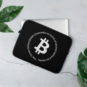 Bitcoin Genesis Block Quote White BTC Logo - Laptop Sleeve
