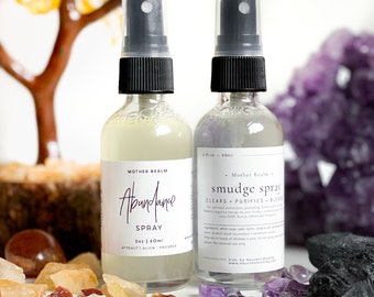 MotherRealm Smudge and Abundance Spray Bundle, Smokeless Sprays, Energy Clearing, Clearning Spray, Reiki Charged || Crystal Infused