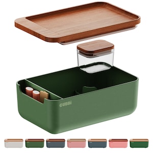 May include: A green organizer with a wooden lid and a small clear container with a wooden lid. The organizer has multiple compartments for storage. The word "CUBBI" is printed on the side. Several color variations are shown at the bottom.