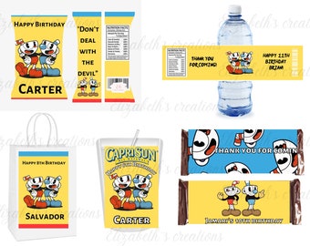 Cuphead chip bags, cuphead party labels