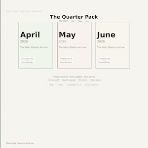 Puede incluir: Un producto digital llamado "The Quarter Pack" con los meses de abril, mayo y junio de 2026. Cada mes incluye un PDF rellenable para GoodNotes. El producto es de The Daily Objects Archive.
