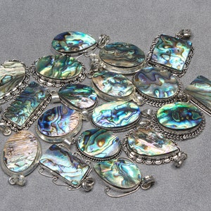 Natural Abalone Shell Crystal Pendants Necklace, Silver Overlay Handmade Jewelry, Boho Abalone Shell Gemstone Pendants Wholesale Lot