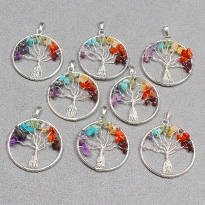 7 Chakra Tree Pendant, Silver Plating & Brass Tree Pendant, Natural Chips Pendant, Birthstone Tree Of Life Pendants, Tree of Life Necklace