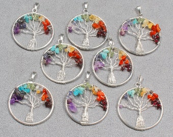 7 Chakra Tree Pendant, Silver Plating & Brass Tree Pendant, Natural Chips Pendant, Birthstone Tree Of Life Pendants, Tree of Life Necklace