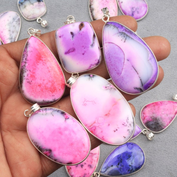 Natural Pink Dendrite Opal Crystal Jewelry, Silver Overlay Necklace Pendants, Hippie Pendant, Vintage Jewelry, Women Gemstone Jewelry