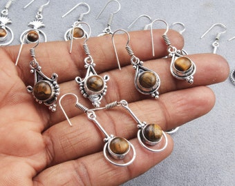 Boho Earring, Natural Tiger-Eye Crystal Earring, Handcrafted Hook Earring, Silver Overlay Earring, Gift For Jewelry