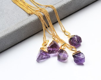 Natural Small Raw Amethyst Crystal Pendant, Raw Electroplated Pendant with Raw Gemstone Necklace, Gold Plated Necklace Pendants