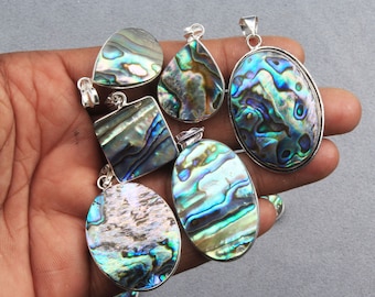 Abalone Shell Crystal Necklace Pendant, Silver Overlay Handmade Jewelry, Statement Necklace Pendant, Boho Pendant, Hippie Gemstone Pendants