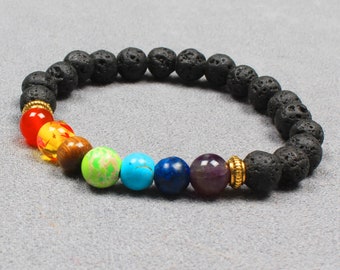 Round 10mm Natural 7 Chakra Gemstone Beads Bracelets, 7 Chakra Crystal Bracelet with Lava Stone Diffusers, Boho Fashion Adjustable Bracelet