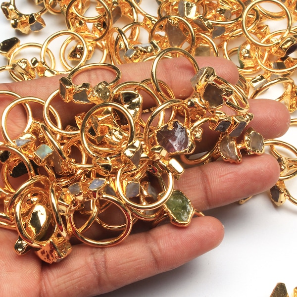 Verschiedene Kristallringe, goldener galvanisierter Frauenring, handgemachter Ring, Boho-Ring, Hippie-Ring, Vintage-Ring, Rohsteinring Größe 5 bis 10