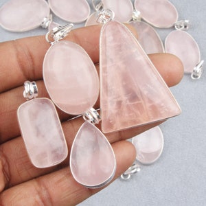 Natural Rose Quartz bezel Pendant, Multiple Sizes gemstone Necklace Pendant&#39;s, Silver Overlay Handmade Pendant, Women Crystal Pendant Lots