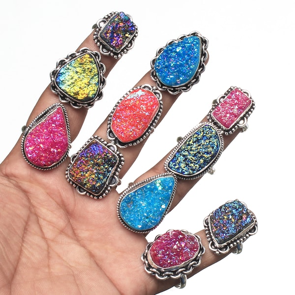 Multi Color Druzy Rings, Titanium Druzy Gemstone Handmade Rings For Women, Wholesale Druzy Rings Jewelry