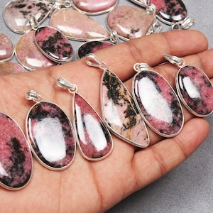 Rhodonite Necklace Pendants, Silver Overlay Bezel Pendant, Crystal Pendant For Women